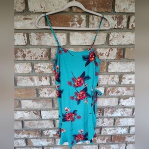 Express NWT Teal Floral Square Neck Smocked Back Faux Wrap Mini Dress Sz S Party
